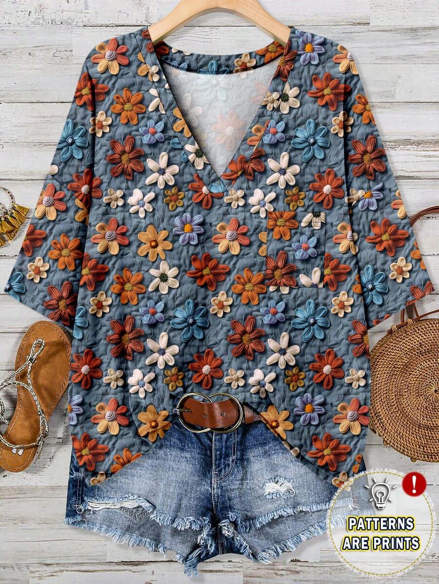 EMERY ROSE Casual Floral Print V-Neck T-Shirt For Plus Size Women, Suitable For Summer - Multicolor - View 1