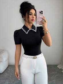 Elenzga 女士优雅休闲衬衫，适合度假、独立日、劳动节、哥伦布日、感恩节、情人节、复古风、斯德哥尔摩风、图卢姆风、韩式风、百搭风格、学生装、教师装、哥特风、办公装、商务休闲装、返校季穿着，黑色针织上衣，领口饰有装饰。 - 黑色 - 查看 4