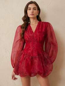 BELROSIE Vestido elegante y ligero con estampado de sirena, cuello en V, cintura recogida, mangas con volantes y dobladillo con volantes cortos. Vestido de organza para mujer, atuendo de vacaciones para mujer, ropa de vacaciones para mujer, vestido formal para mujer, conjunto de vacaciones para mujer - Multicolor - Ver 4