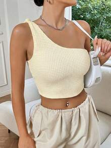 SHEIN EZwear Summer Top: Apricot-Colored One-Shoulder Knotted Crop Top - Apricot - View 3