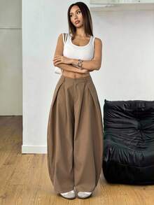 SHEIN PETITE 女士夏季复古休闲街头风外出宽松军绿色弧形裤脚阔腿裤棕色裤子 - 棕色 - 查看 4