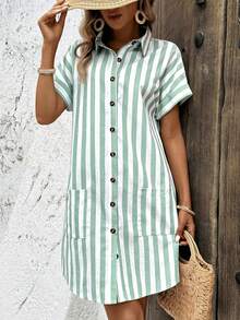Easowa Cotton Striped Shirt Dress For Women Button Down Summer Casual With Pocket Short Sleeve - Green - View 6