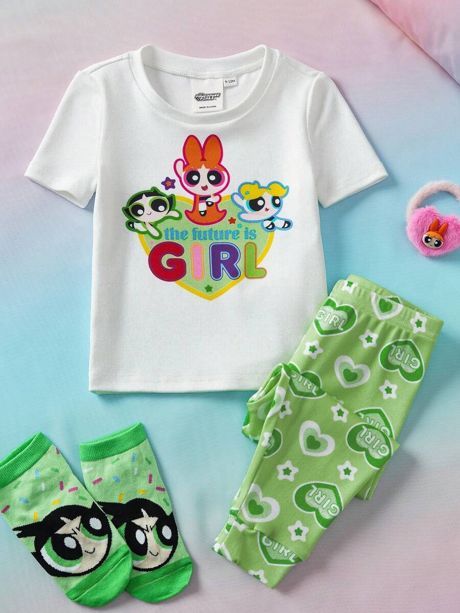 THE POWERPUFF GIRLS X SHEIN 2pcs Baby Girl Cute Cartoon Print Casual Style Round Neck Short Sleeve Top And Leggings Comfortable Pajamas - Multicolor - View 1