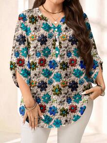EMERY ROSE Camisa de talla grande con estampado floral y cuello recortado - Multicolor - Ver 3