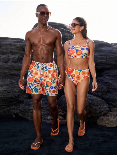  Manfinity VDAYZ Men's Beach Shorts Couples Matching Swimwear Drawstring Men's Floral Print Drawstring Waist Casual Beach Shorts