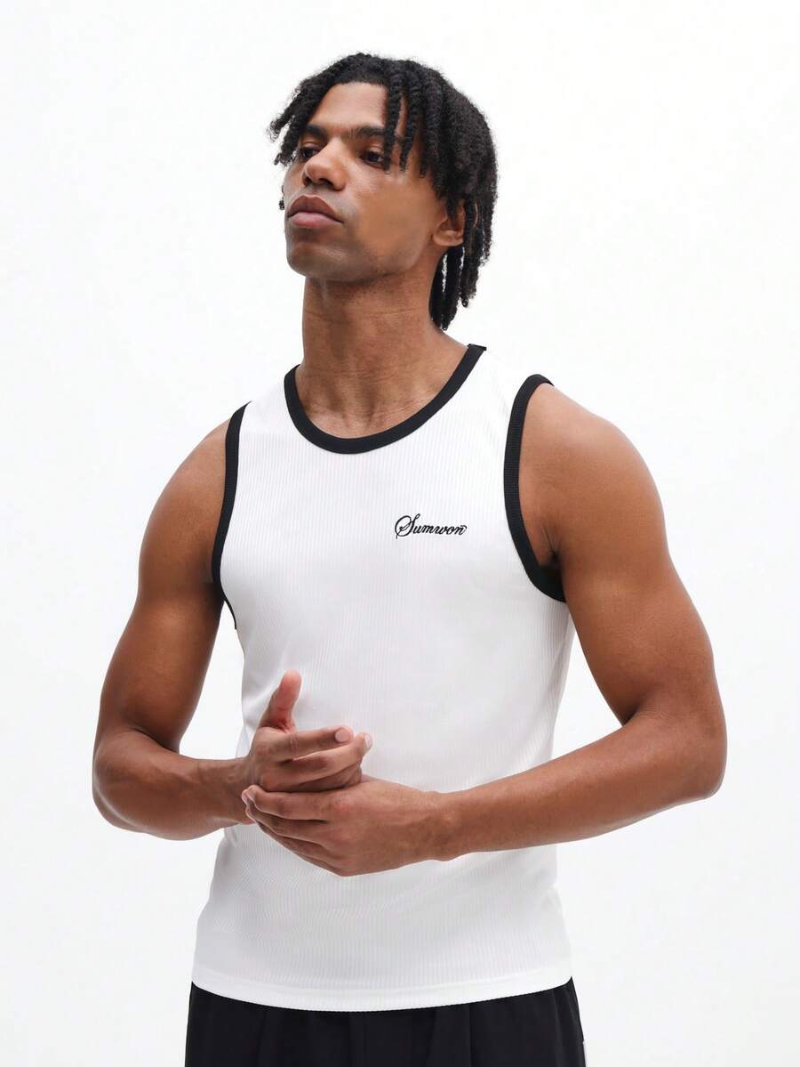 SUMWON Men's Sleeveless Ribbed Tank Top With Contrast Black Trim And Embroidered Script Logo Casual Summer Everyday Wear - White - View 1