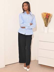 Mima John Women's Elegant Handmade Rhinestone Embellished Striped Blouse Women Shirt - Blue - View 4