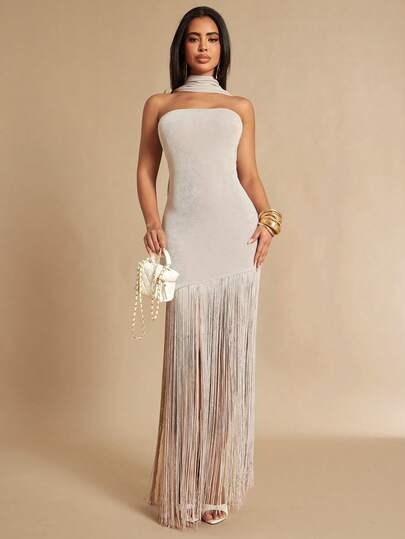 Silquee Women's Strapless Tassel Tie Long Dress, Spring/Summer Fringe Dress Long Cocktail Dress Fringe Dresses For Women Gown For Prom Night Tassel Dress Glam Dress