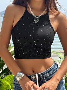 DAZY 女士夏季水钻装饰休闲吊带露脐上衣 - 黑色 - 查看 2