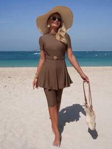 Swim Mulvari High-End Elegant Solid Color Shell Design Bikini Swimwear, Spring/Summer Conservative Beach Outfit For Women - Brown - View 1