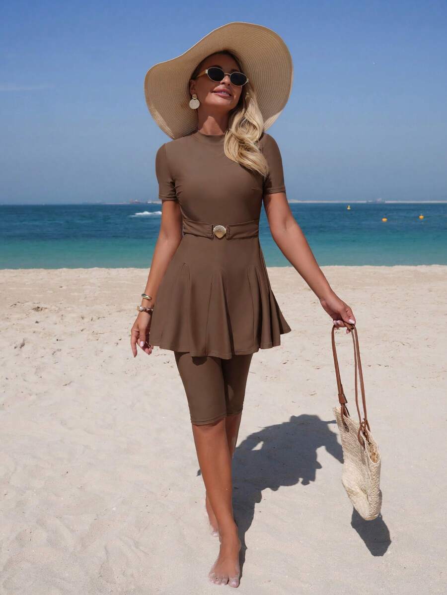 Swim Mulvari High-End Elegant Solid Color Shell Design Bikini Swimwear, Spring/Summer Conservative Beach Outfit For Women - Brown - View 1