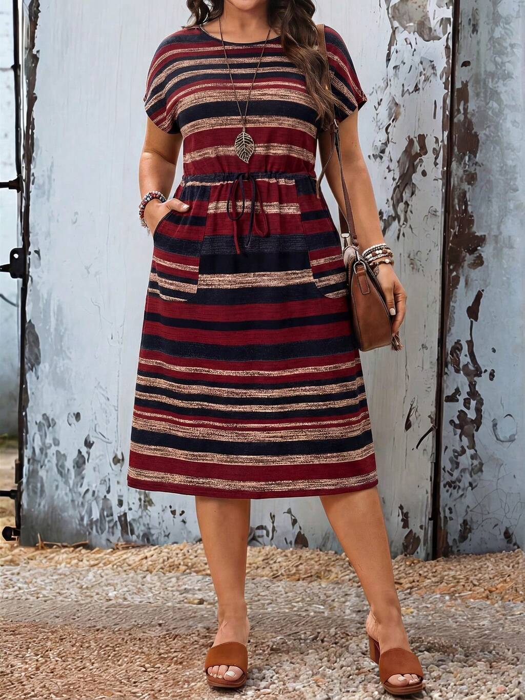 Plus Size Women's Striped Round Neck Short Sleeve Drawstring Loose Country Casual Vacation Dress,Spring And Summer Casual Dress