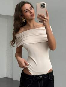 RiviMae Bodysuit Wanita Elegan Tanpa Bahu, Atasan Tanpa Lengan Berlipit Tanpa Tali Bergaris Warna Aprikot untuk Acara Malam Musim Panas, Kemeja Serbaguna Modis Warna Polos - Aprikot - View 7