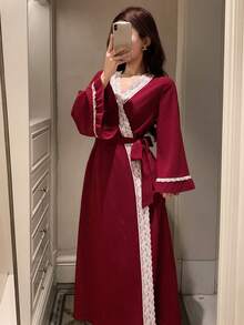 DAZY Bata larga de mujer con mangas acampanadas, encaje y parches de colores contrastantes, de estilo romántico primaveral - Rojo - Ver 4