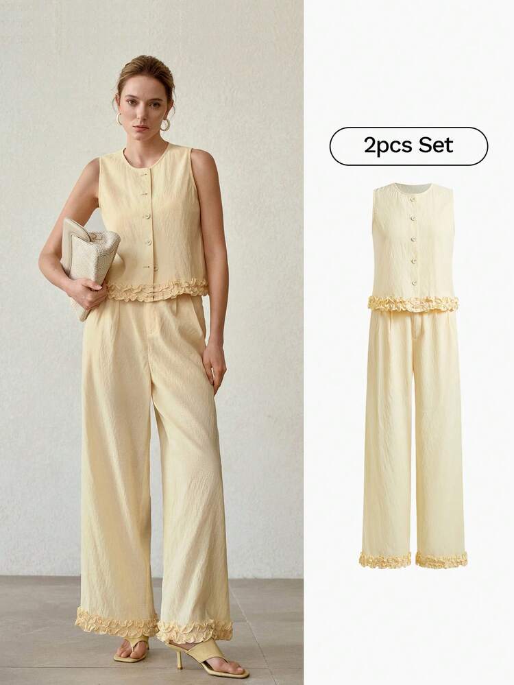 SOLID SINGLE BREASTED PLACKET LAYERED FRILL HEM SLEEVELESS BLOUSE & WIDE LEG PANTS SET