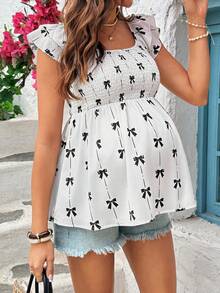 SHEIN 孕妇蝴蝶结印花休闲百搭日常衬衫 - 杏色 - 查看 1