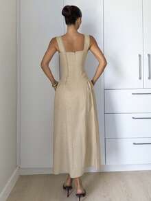 Siren Gaze Women's 100% Cotton Sleeveless Elegant Solid Color Square Neck Flared Midi Dress,Casual Summer Splice Lace Trim Hem Tea Party Old Money Chic Outfits - Camel - View 5