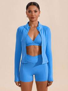 VARSITIE High Neck Long Sleeves Skinny Women Sports Sets - Royal Blue - View 6