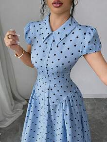 Elenzga Vestido de lunares blanco y negro de estilo elegante y vintage para mujer, con cuello vuelto, botones delanteros, hombros recogidos, mangas farol y falda acampanada, ideal para negocios, salidas y vacaciones, primavera/verano - Azul - Ver 4