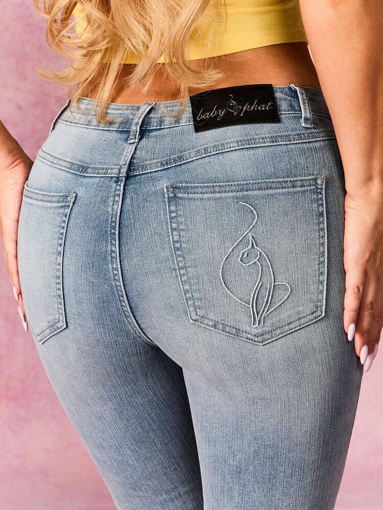 BABYPHAT Women's Low Rise Stretch Bootcut Denim Jeans With Sparkling Rhinestone Side Trim Detail Flared Leg Opening Casual Streetwear Fashion