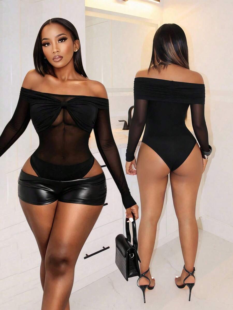 BamGleam Women's Sheer Mesh Patchwork Off Shoulder Bodysuit,Black,Summer,Elegant,Seksi Chic,Night Out Summer Vacation Outfits,Spring Holiday Clothes Tops - Black - View 1