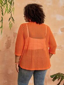 BrightlyHer Plus Size Women Solid Color Hollow Out 3/4 Sleeve Open Front Casual Jacket,Summer Dresses For Women ,Beach Outfits For Women,Holiday Outfits For Women,Country Outfits For Women,Women's Spring Jacket Plus Size Summer Cardigan Plus Size Spring Outfits Women Casual Outfits New Arrivals For Plus Size Woman Plus Size Outfits For Women Women's Plus Size Clothes - Coral Orange - View 2