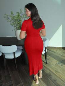 MDEdit Women's Short Sleeve Cardigan Maxi Sweater Dress - Red - View 2