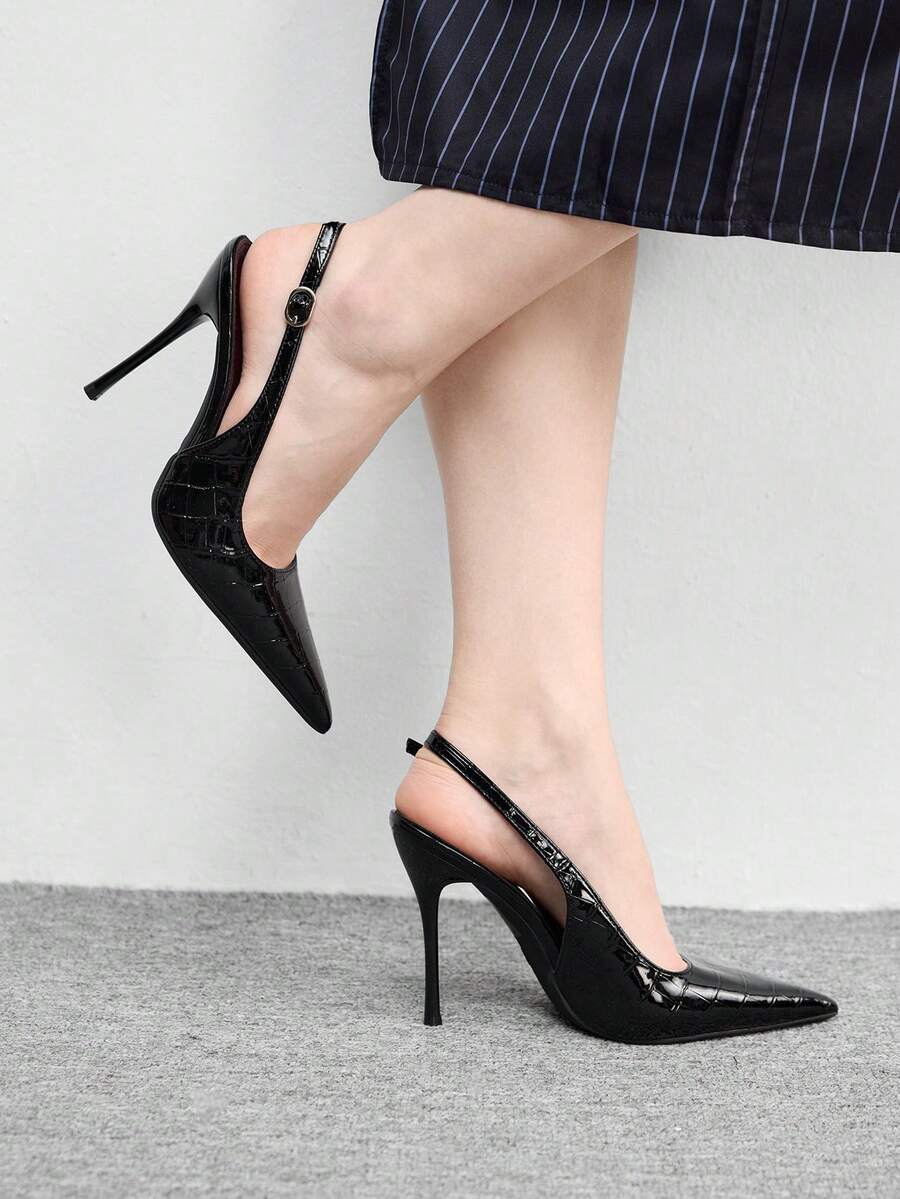 CUCCOO BIZCHIC Elegant Women Slingback Heels Textured Glossy Finish Pointed Toe Stiletto High Heel Pumps - Black - View 1