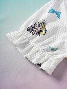 THE POWERPUFF GIRLS X SHEIN 女童休闲卡通印花短袖上衣和裤子睡衣套装，夏季 - 白色 - 查看 8