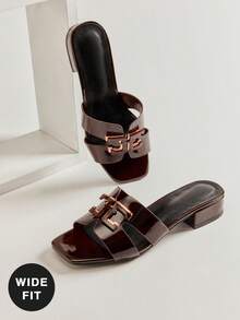 SHUZIA #UrbanChic Wide Fit Women's Square Toe Coffee Glossy Pat & Geometric H Buckle Low Block Heel Slides-Effortless Commutes To Weekend Brunch - Coffee Brown - View 5