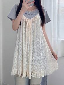 FRIFUL 女士系带蕾丝休闲百搭吊带背心，夏季款 - 米色 - 查看 5