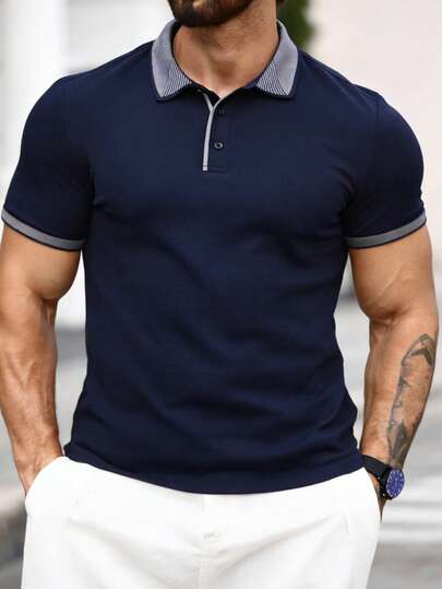 Manfinity CasualCool Camisa polo para hombre con cuello vuelto, tela de ganchillo tejida, camisa polo azul marino para hombre, camisa polo casual para hombre, conjuntos/camisas polo para hombre con cuello/camisas de golf para hombre/camisa polo azul marino elegante para hombre con cuello distintivo y cierre de tres botones/camisa polo de piqué azul marino para hombre con cuello a cuadros - Casual de negocios atemporal