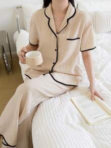 SHEIN Bộ đồ ngủ thoải mái cho bé gái tuổi teen, màu mơ, chất liệu chiffon mềm mại, cổ áo phối viền tương phản, gồm áo khoác cardigan và quần dài. - Màu be - Xem 3