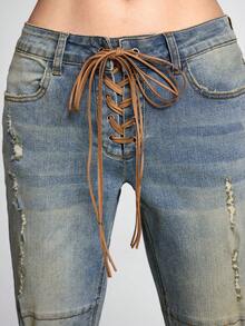 ROMWE Y2K Quần jeans ống rộng cạp cực thấp kiểu vintage rách rưới thời kỳ đầu những năm 2000. - Màu xanh lam - Xem 7