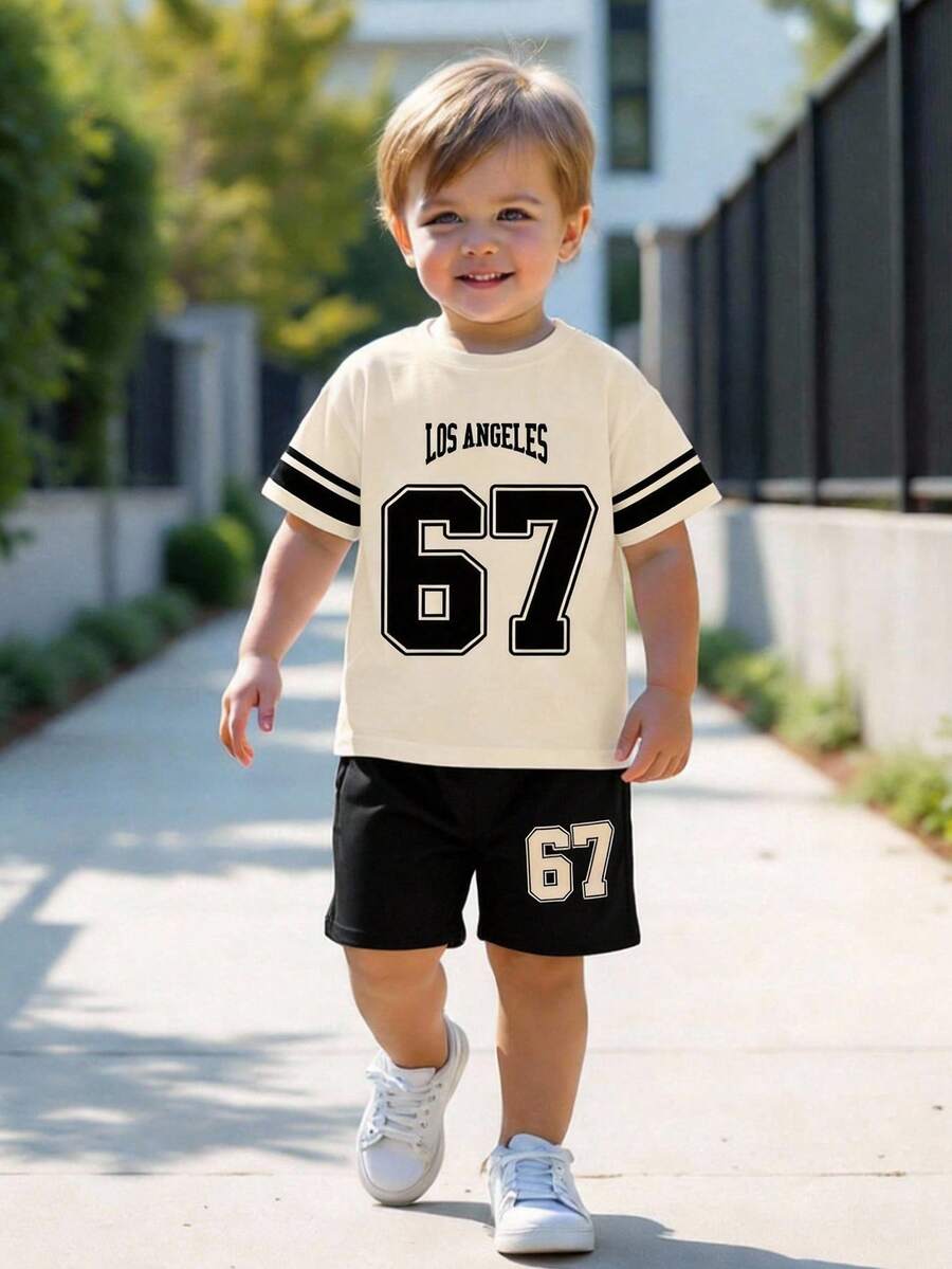 SHEIN Young Boy Summer Back-To-School School Casual Sporty Digit 67 Colorblock,Loose Comfortable Round Neck Short Sleeve T-Shirt & Shorts Set For Spring - Multicolor - View 1