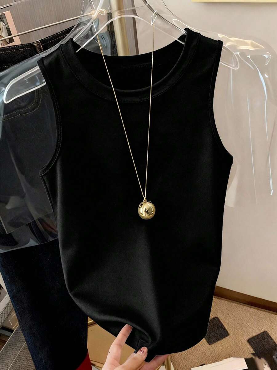 Resyla Women's Solid Color Round Neck Casual Versatile Tank Top - Black - View 1