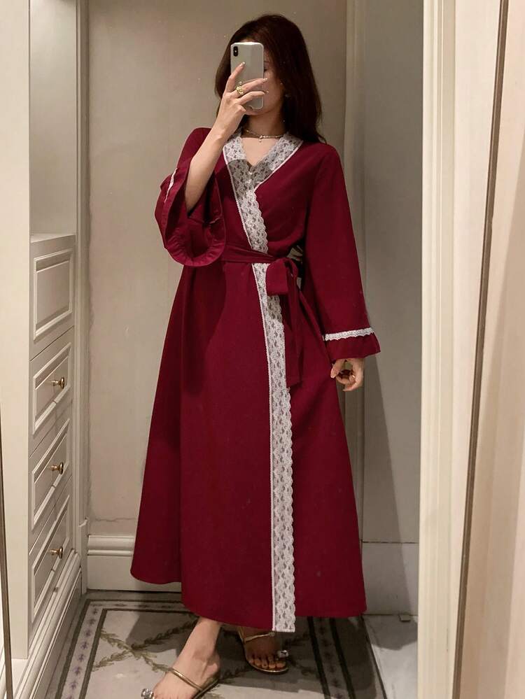 Spring Romantic Contrast Color Lace Patchwork Flare Sleeve Long Women Robe