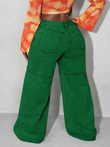 Slaydiva Plus Size Casual Everyday Street Snap Button Detail Loose Fit Jeans - Green - View 4