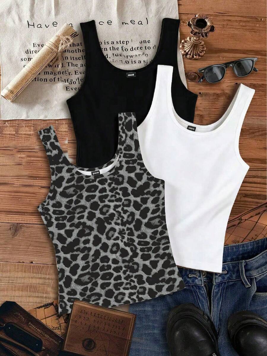 SHEIN EZwear 3pcs Pack Casual Solid Color & Leopard Print Camisole Tops, Suitable For Summer,Summer Top - Multicolor - View 1