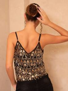juhmazzocco Sparkling Black Mesh Halter Crop Top For Women, Luxuriously Embellished With Dazzling Rhinestones And Sequins For An Unforgettable Party Look. Country Music Festival Sparkly Top Sequin Top Rhinestone Top Festival Top Halloween Western Rhinestone Top, Christmas - Black - View 6