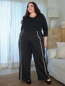 Pretty and Ole Pantalones rectos de talla grande para mujer con ribete de contraste - Negro - Ver 4