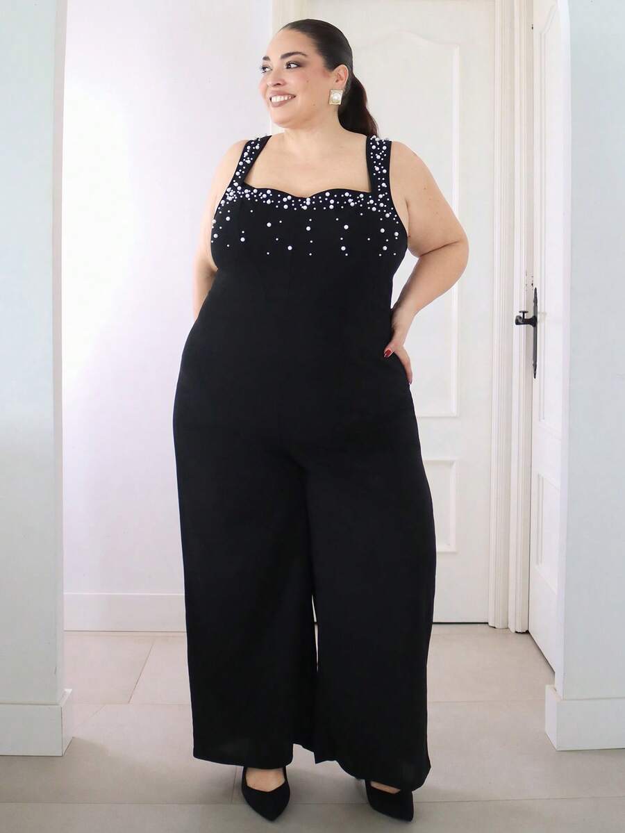 Pretty and Ole Plus Size Elegant Sexy Party Jumpsuit, Fitted Camisole With Gorgeous Pearl Decor, Slimming - Black - View 1
