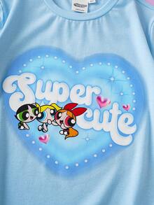 THE POWERPUFF GIRLS X SHEIN 少女休闲卡通爱心印花T恤，夏季 - 藍色 - 查看 7