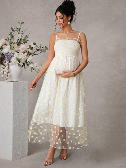 Momance Maternity Dress, Spaghetti Strap, A-Line Silhouette, Daisy Net Mesh Double Layer Design Long Dress