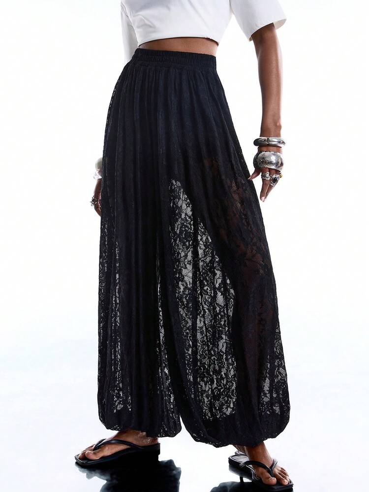 LYSMO 2026 New Arrive Minimalism Spring/Summer Women's Elastic Waist Lace Loose Lantern Pants - Black - View 4