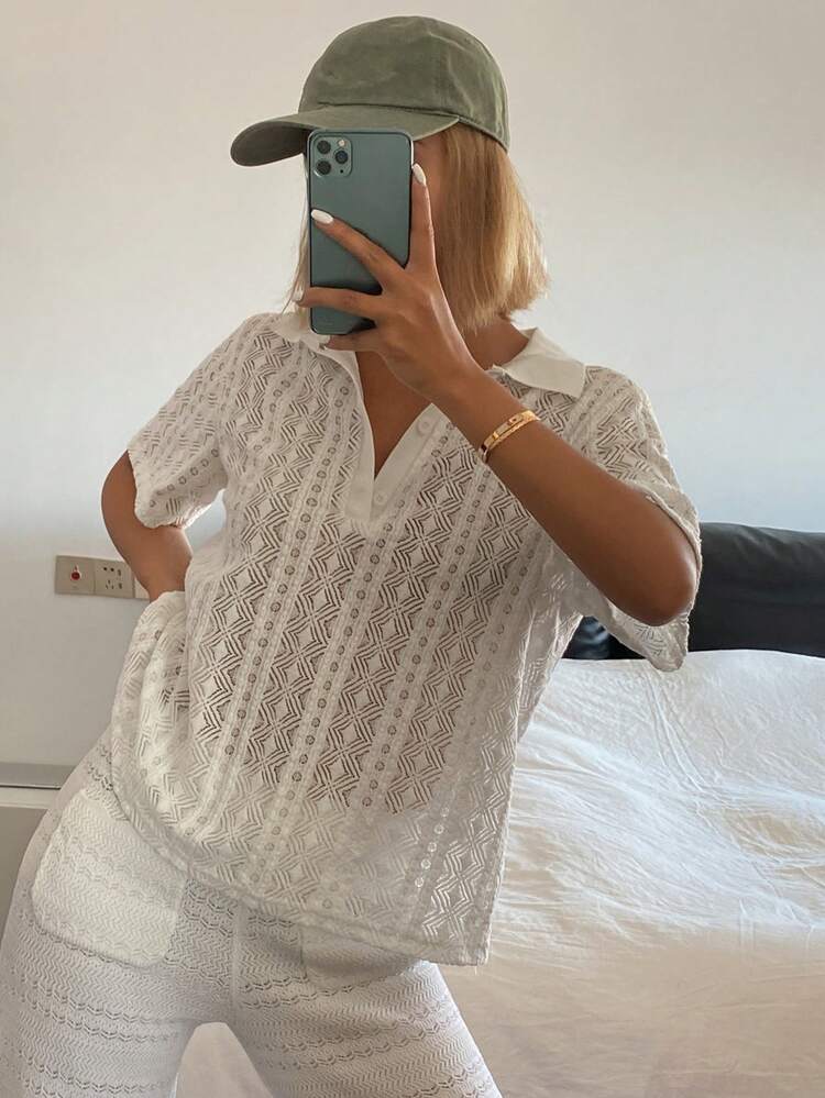 Women's Summer Polo Collar Textured Semi-Sheer Lace Pullover Casual Elegant T-Shirt