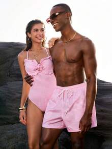 Manfinity VDAYZ Pantalones cortos de playa con estampado a cuadros para hombre - Rosa Pálido - Ver 4