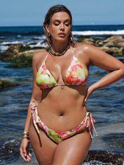 SHEIN BAE Bộ bikini hai mảnh gợi cảm buộc dây cổ và quần tam giác dành cho nữ cỡ lớn, thích hợp mặc đi biển mùa hè, in họa tiết hoa.