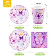 Bộ đĩa, khăn ăn và cốc dùng một lần hình vương miện bướm tím, phục vụ 8 người. Bộ đồ dùng tiệc dùng một lần này (bao gồm đĩa, khăn ăn và cốc) rất phù hợp cho các bữa tiệc sinh nhật, đám cưới và dã ngoại gia đình. - Xem 2