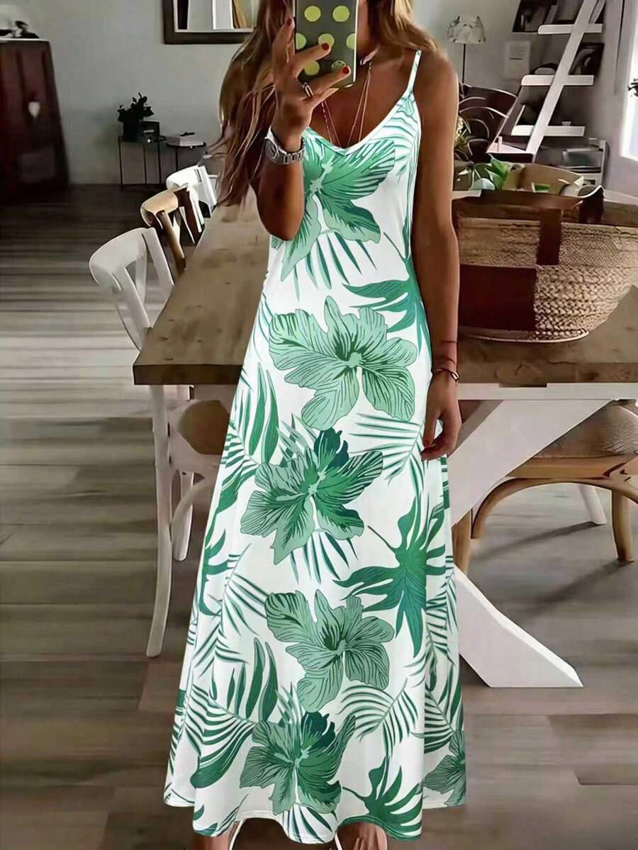 SHEIN Holidaya 女士树叶印花休闲度假约会之夜迷你吊带裙 - 綠色 - 查看 1